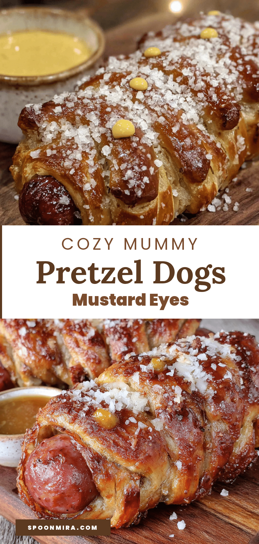 Cozy Mummy Pretzel Dogs with Mustard Eyes recipe
