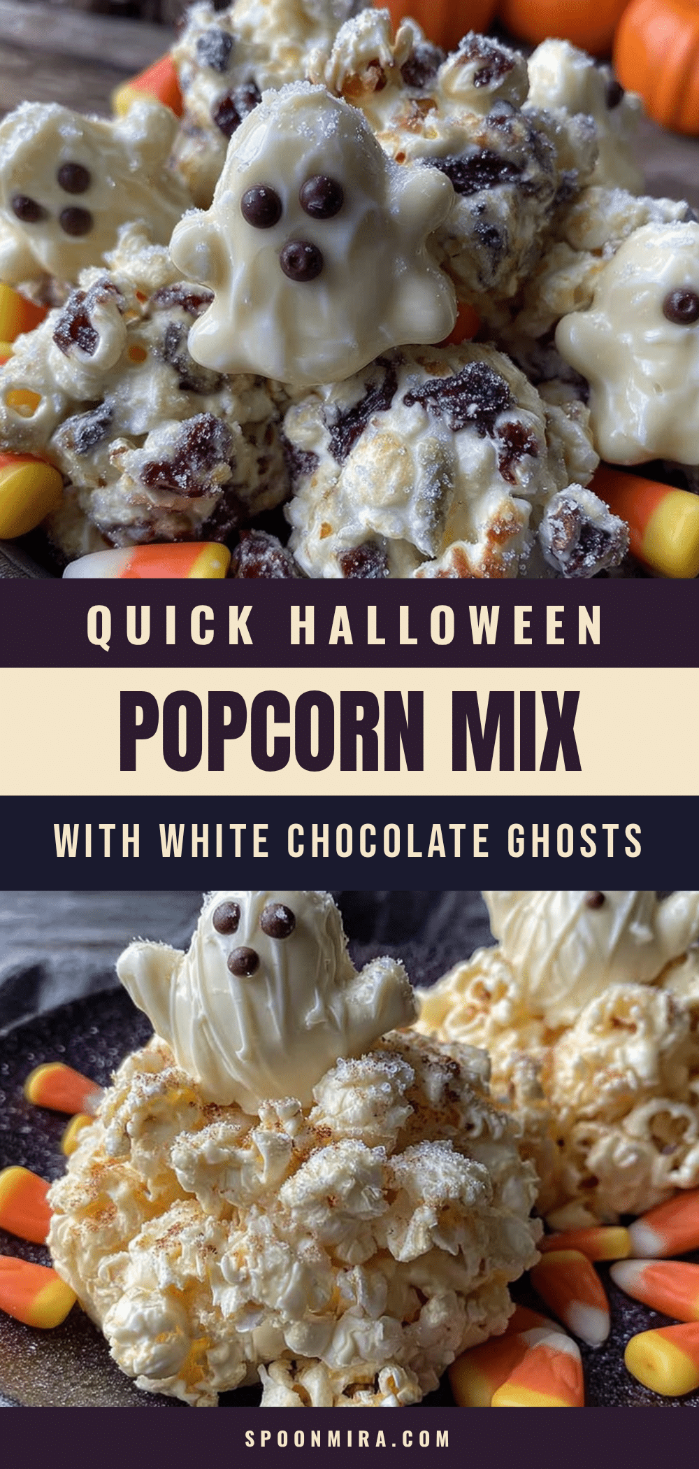 quick Halloween popcorn mix with white chocolate ghosts recipe